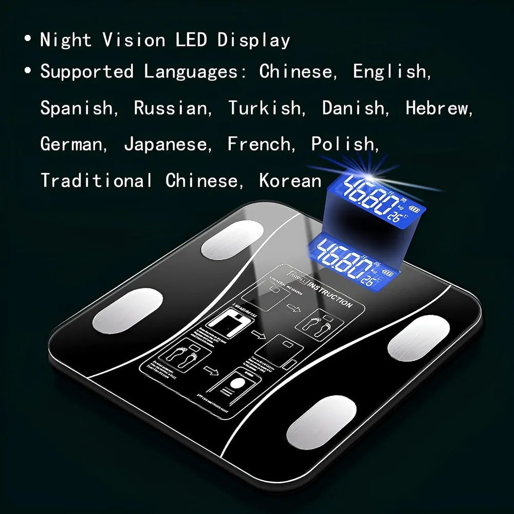Black smart body composition scale on floor
