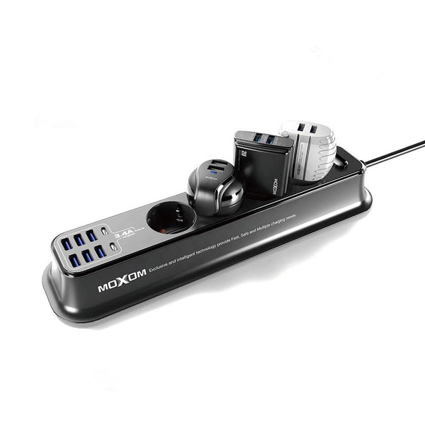 MOXOM MX-ST05 power strip showing six USB ports and two USB-C ports