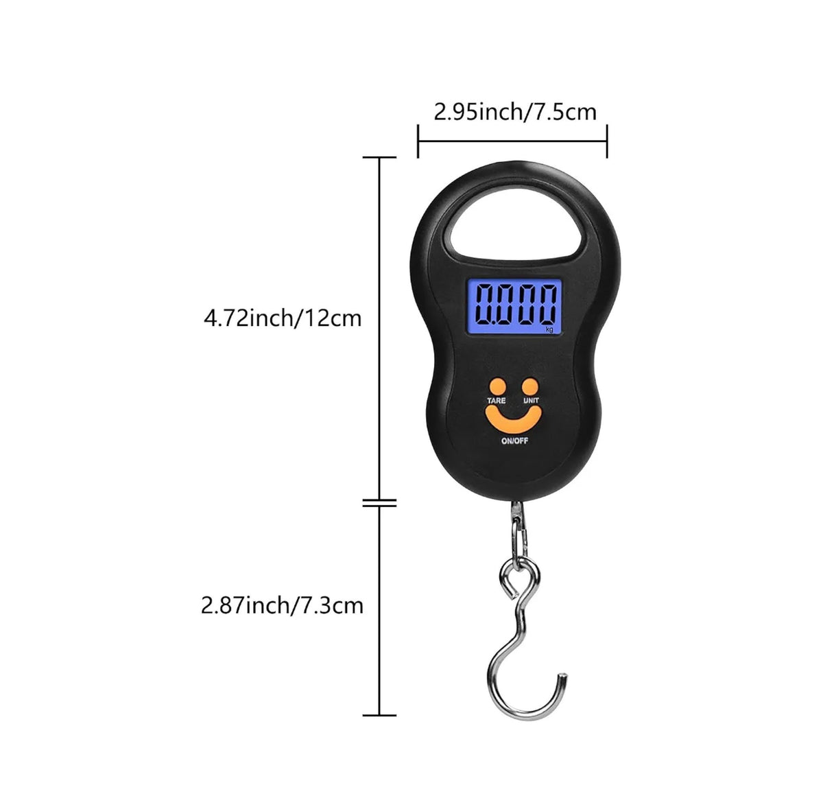 Dimensions of digital hanging scale body and hook