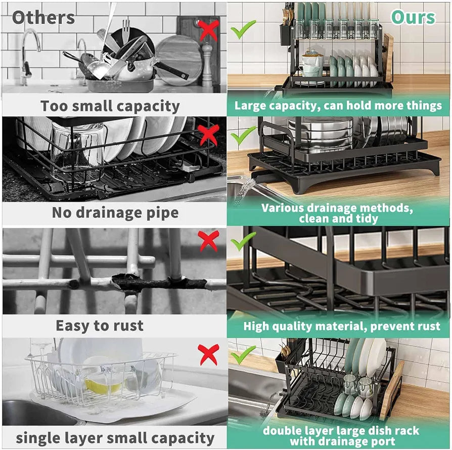 5-in-1 Two-Tier Dish Drying Rack with Drainage Tray | Large Capacity