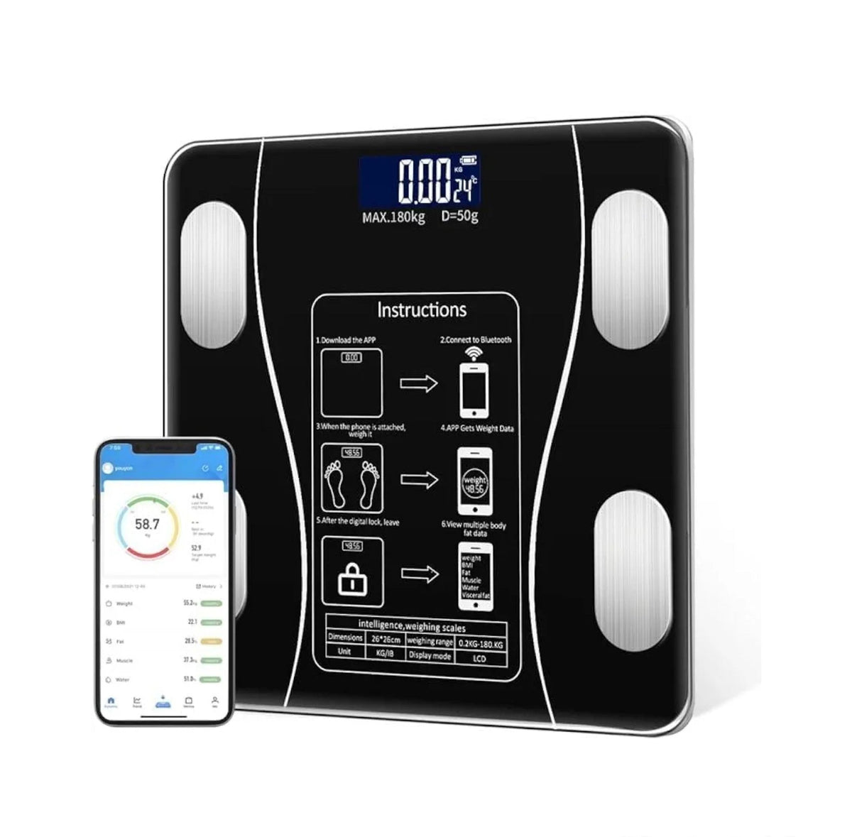 Smart body composition scale shown with smartphone app