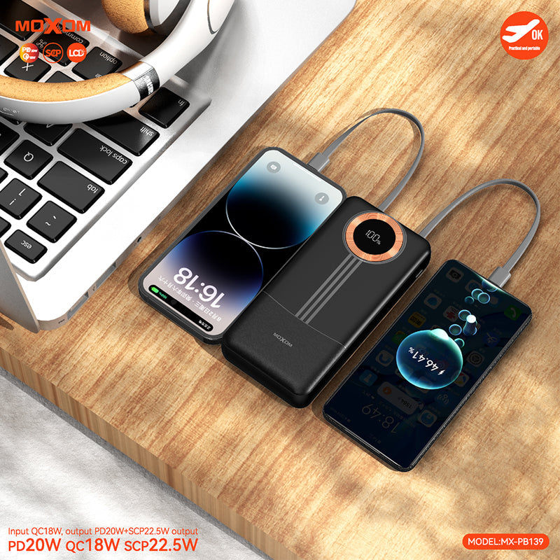 MOXOM MX-PB139 20000mAh Power Bank – 22.5W Fast Charging, PD20W, Built-in Cables | Black