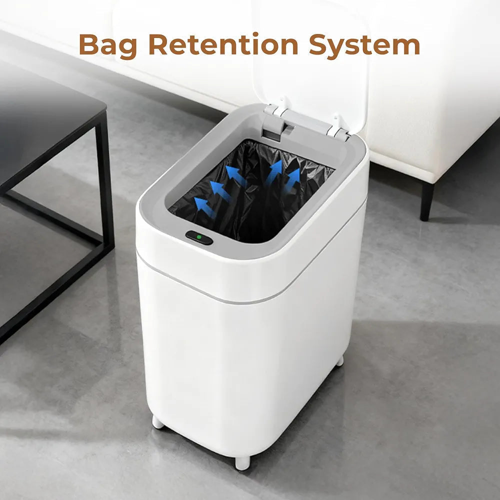 Smart trash can with open lid showing interior