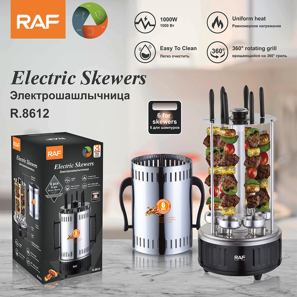 RAF Electric Skewer Grill 1000W – 360° Rotating Vertical BBQ | 6 Skewers | Model R.8612