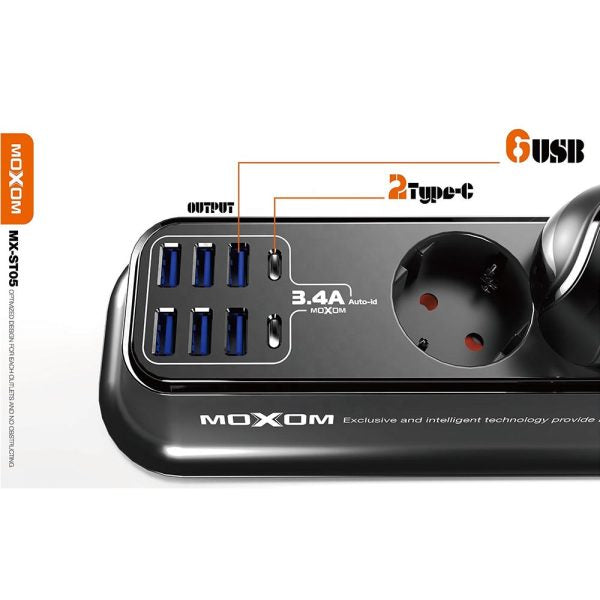 MOXOM MX-ST05 power strip with multiple outlets and charging ports