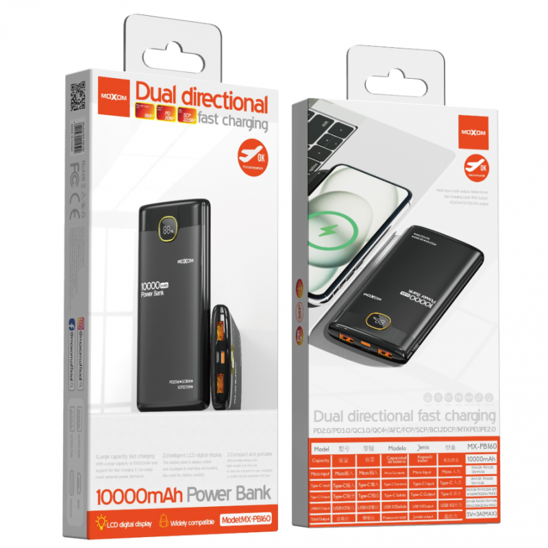MOXOM MX-PB160 10000mAh Power Bank – 22.5W SCP, PD20W, QC18W Dual Fast Charging | Black