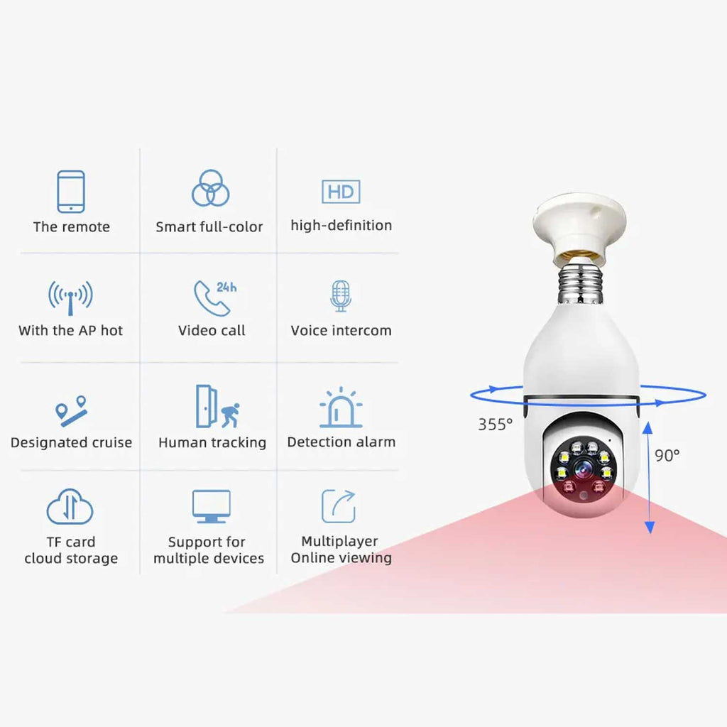 WiFi Smart Bulb Camera 1080P Full HD – 360° PTZ, Night Vision, Two-Way Audio (E27 Socket)