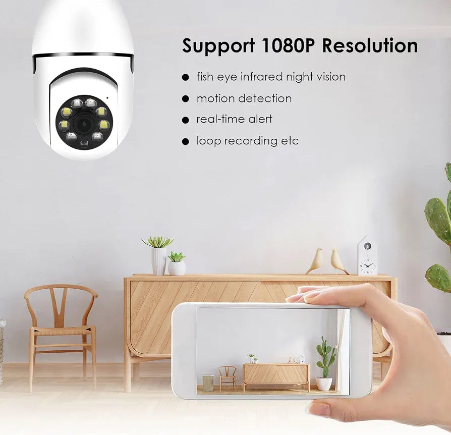WiFi Smart Bulb Camera 1080P Full HD – 360° PTZ, Night Vision, Two-Way Audio (E27 Socket)