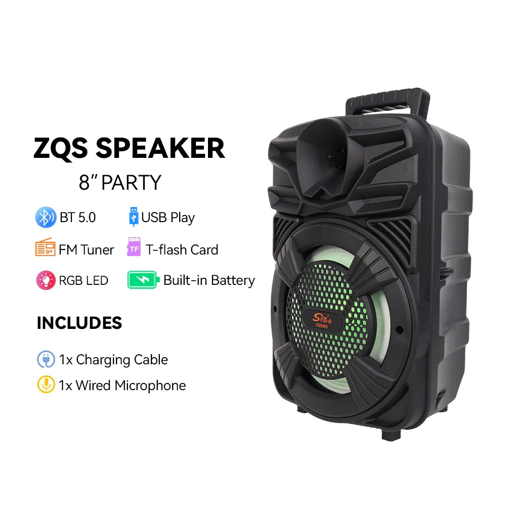 Sing-e ZQS806 8" Portable Bluetooth Party Speaker with Microphone