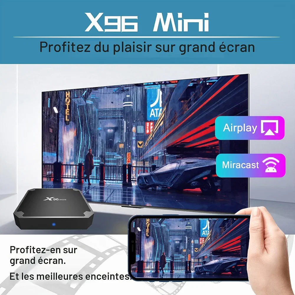 X96 Mini TV box promotional image with remote control