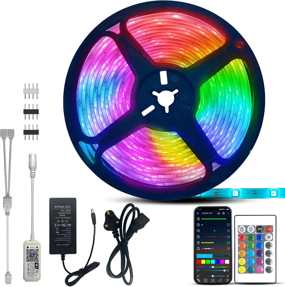RGB LED Strip Light 5M – Bluetooth App & 24-Key Remote | Cuttable, Self-Adhesive, 60 LEDs/m