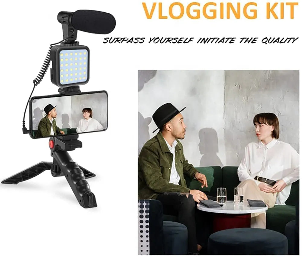Smartphone mounted on the vlogging kit with microphone and LED light
