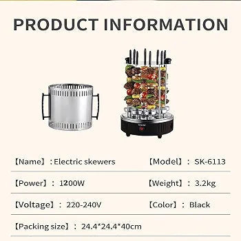RAF Electric BBQ Skewer Grill 1200W – 8 Skewers | 360° Rotation | Model SK-6113