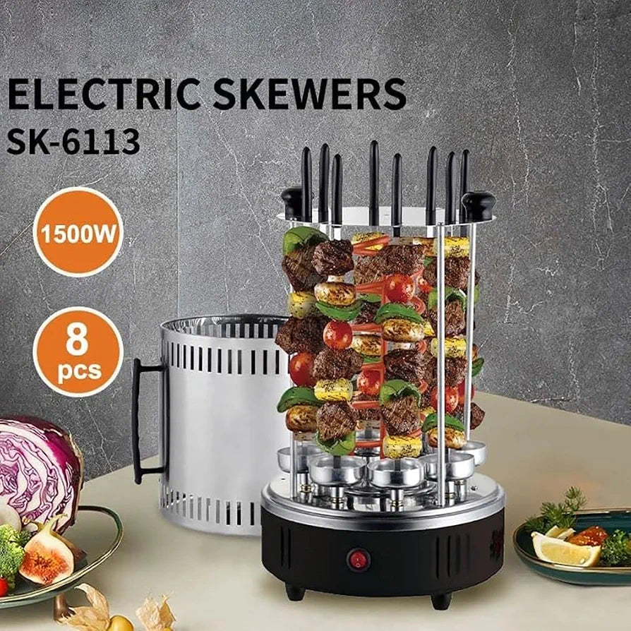 RAF Electric BBQ Skewer Grill 1200W – 8 Skewers | 360° Rotation | Model SK-6113