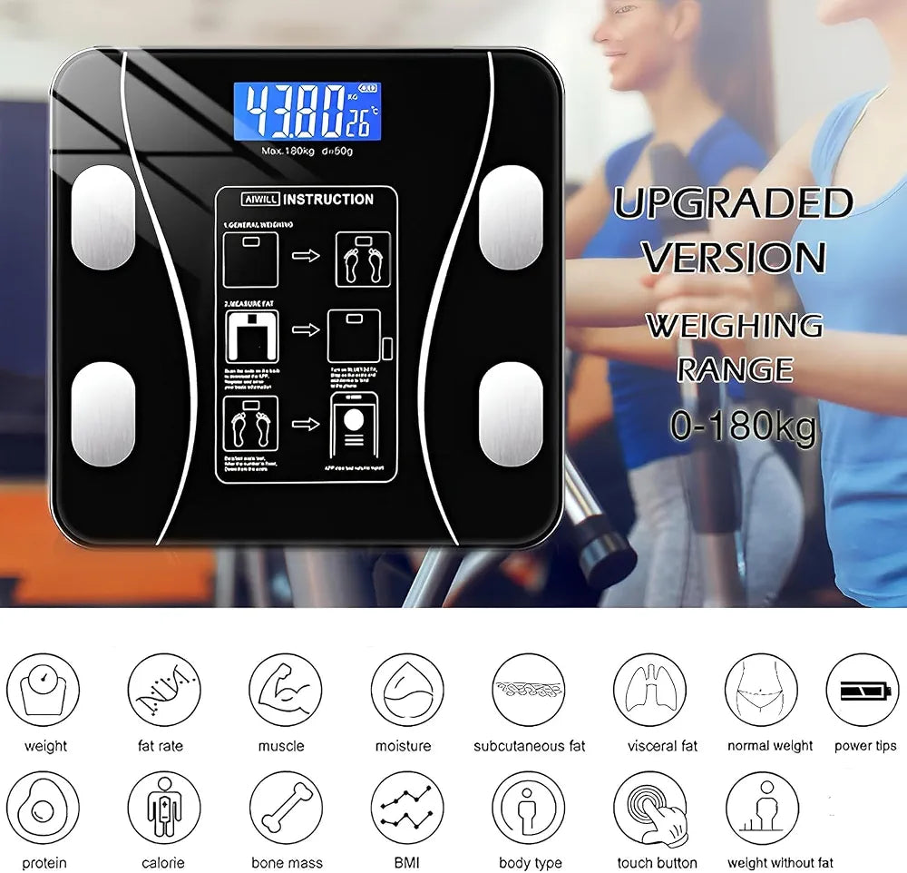 Smart bathroom scale showing weight range up to 180 kg