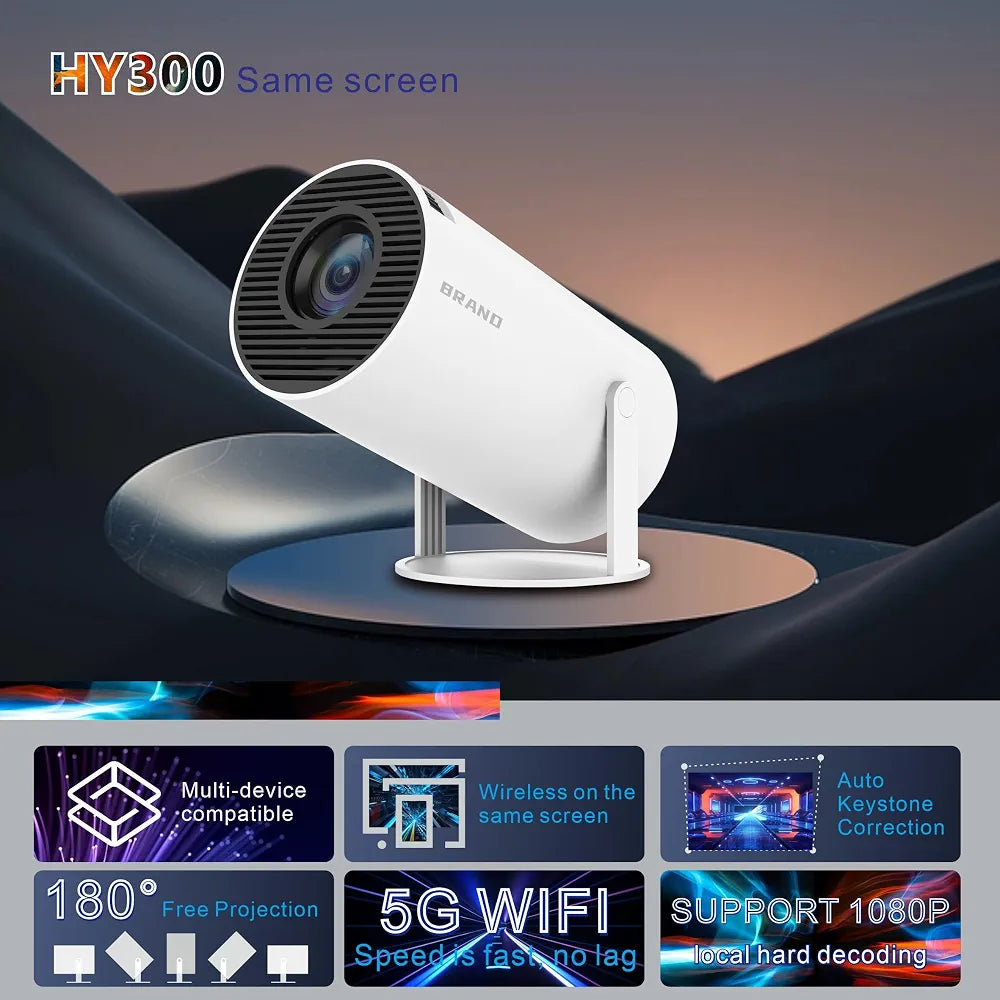 HY300 Mini Portable Projector – 1080P Support, 120 ANSI, 130" Display, Android, WiFi & Bluetooth