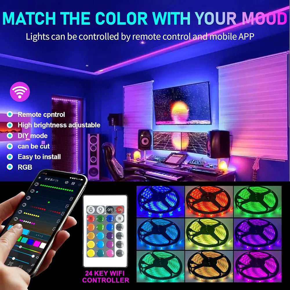 RGB LED Strip Light 5M – Bluetooth App & 24-Key Remote | Cuttable, Self-Adhesive, 60 LEDs/m