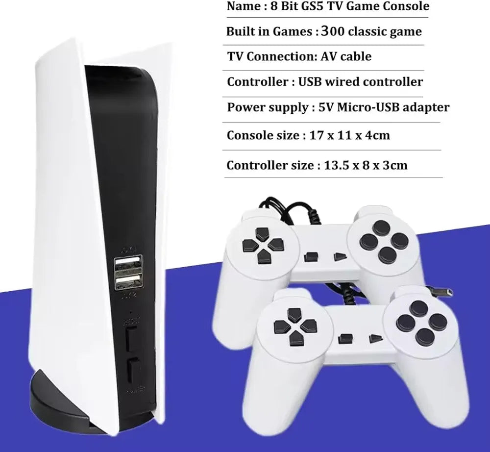 GS5 Retro TV Game Console – 8-Bit, 300 Built-In Classic Games, 2 Wired Controllers