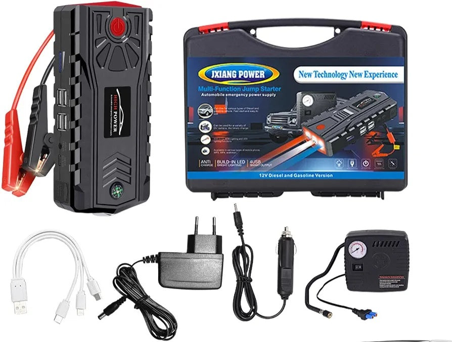 High Power 99900mAh Car Jump Starter – 1200A Peak, Air Compressor, 4 USB Ports