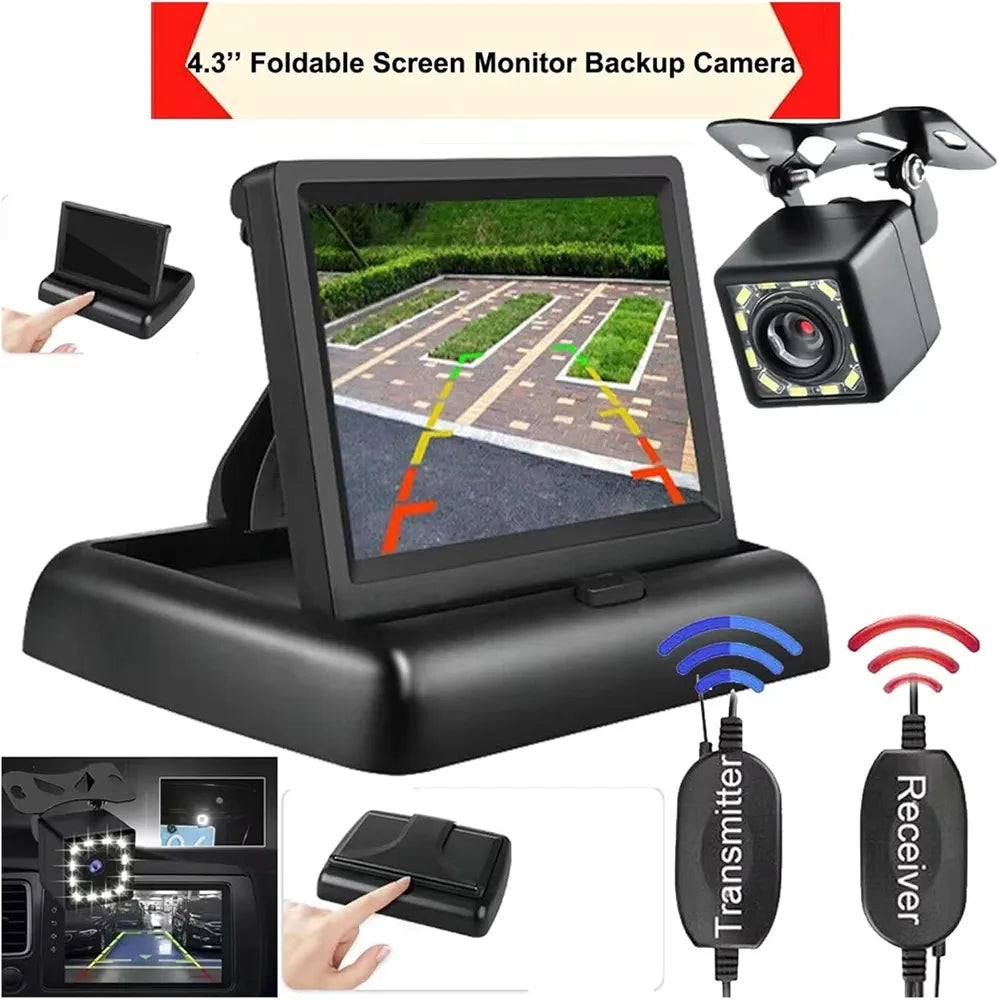 4.3" Foldable Car Backup Camera Kit – Wireless with 12 LED Night Vision & LCD Moni