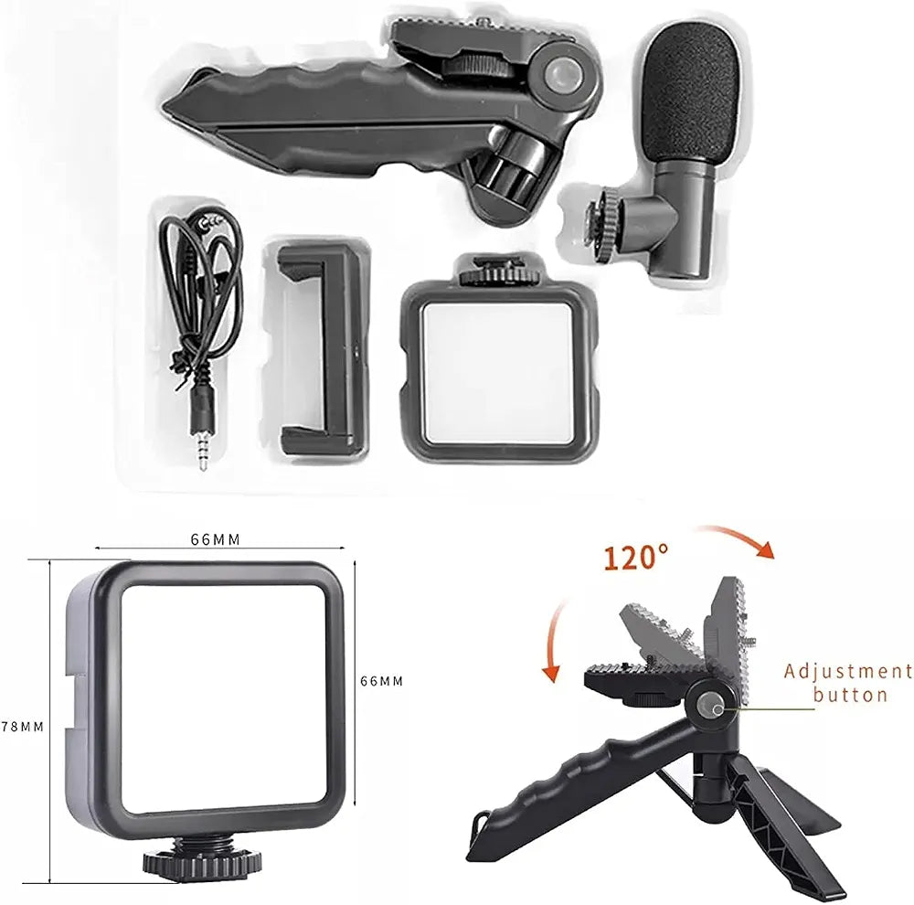 Vlogging kit components including tripod, phone holder, LED light, microphone, and cable