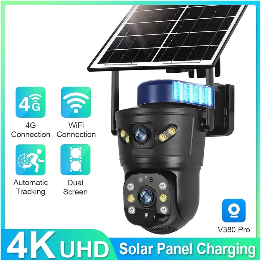 4G Solar Security Camera – Dual Lens 8MP 4K Ultra HD with Night Vision & Auto Tracking