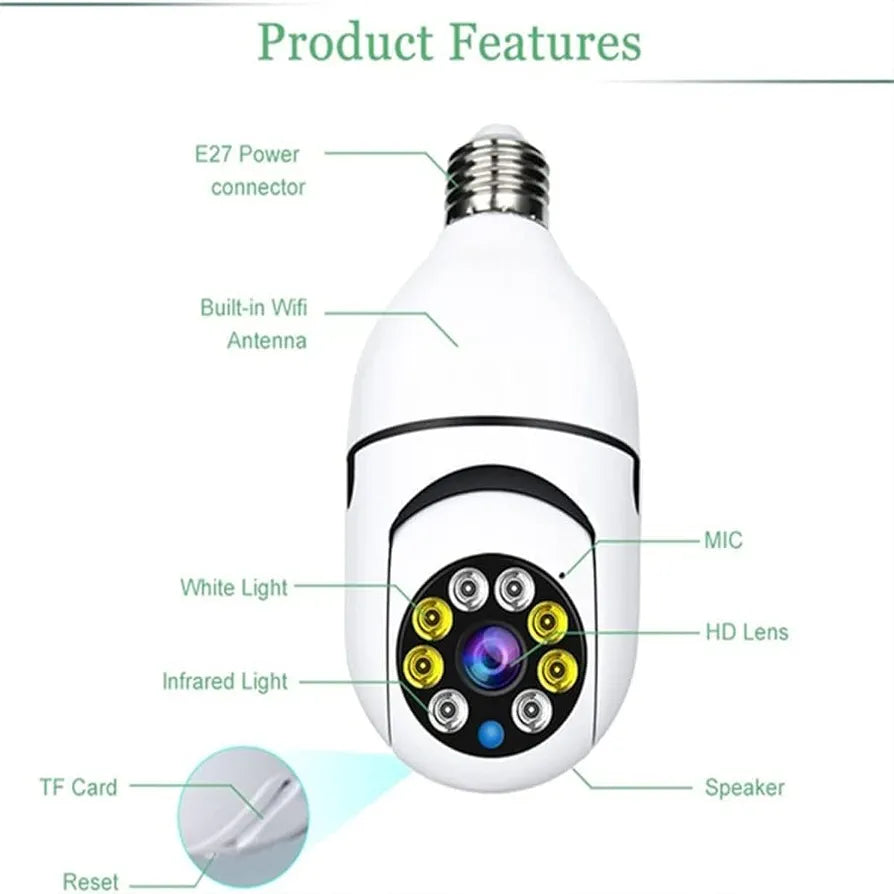 WiFi Smart Bulb Camera 1080P Full HD – 360° PTZ, Night Vision, Two-Way Audio (E27 Socket)