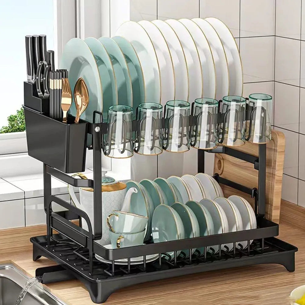 5-in-1 Two-Tier Dish Drying Rack with Drainage Tray | Large Capacity