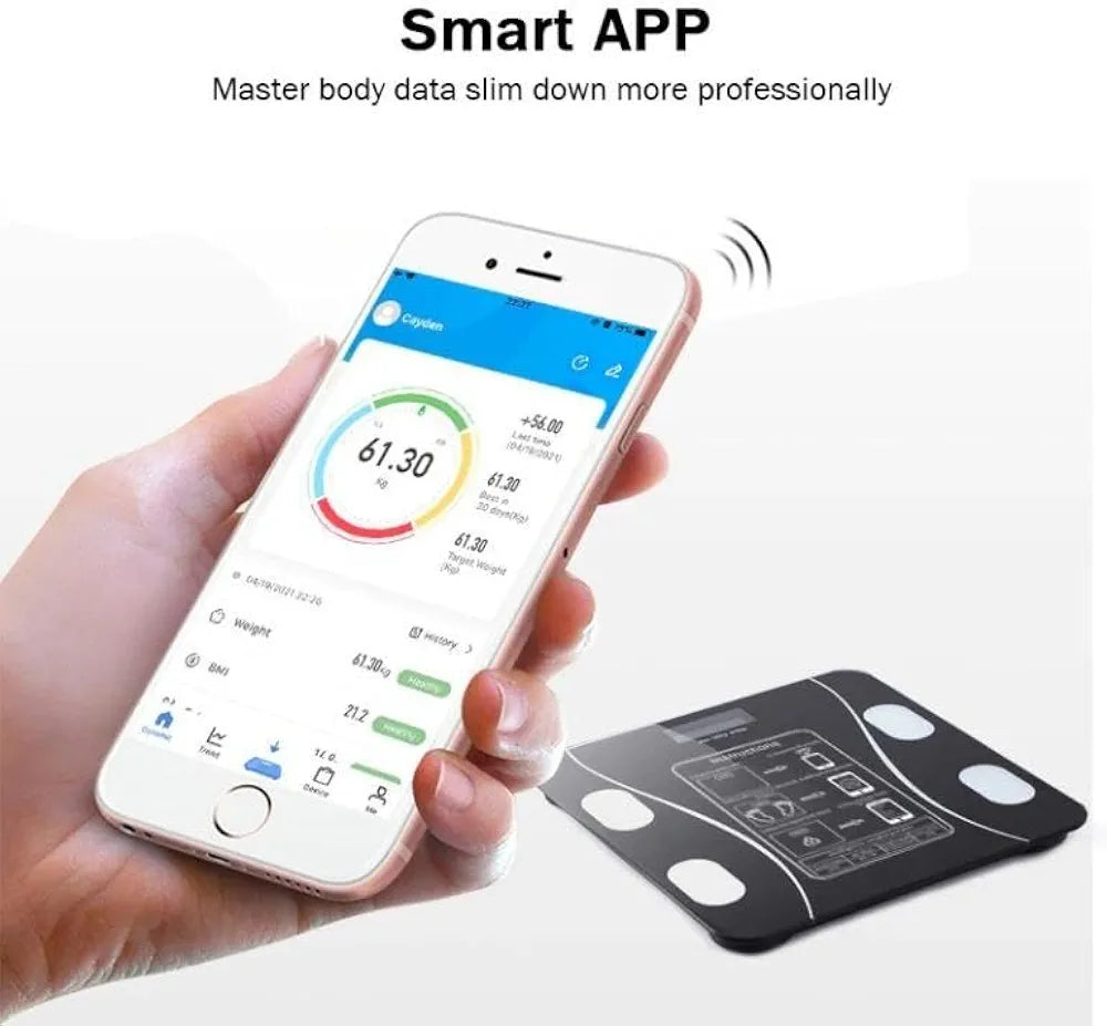 Black Bluetooth smart scale and smartphone