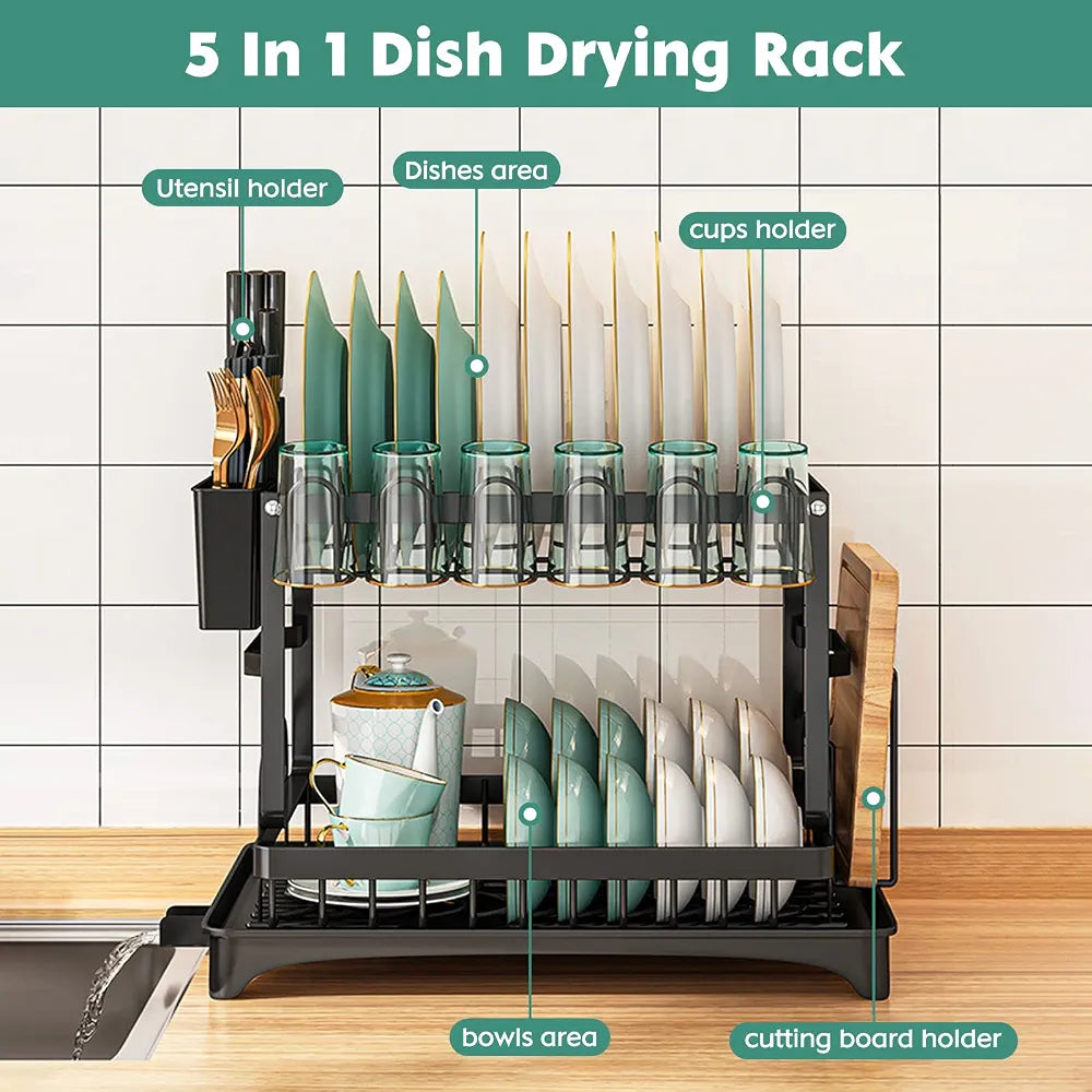 5-in-1 Two-Tier Dish Drying Rack with Drainage Tray | Large Capacity