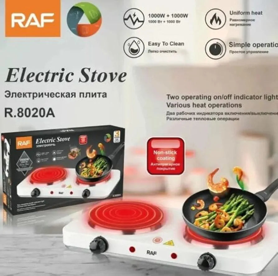 RAF Double Burner Electric Hot Plate – 2000W Portable Dual Coil Cooktop