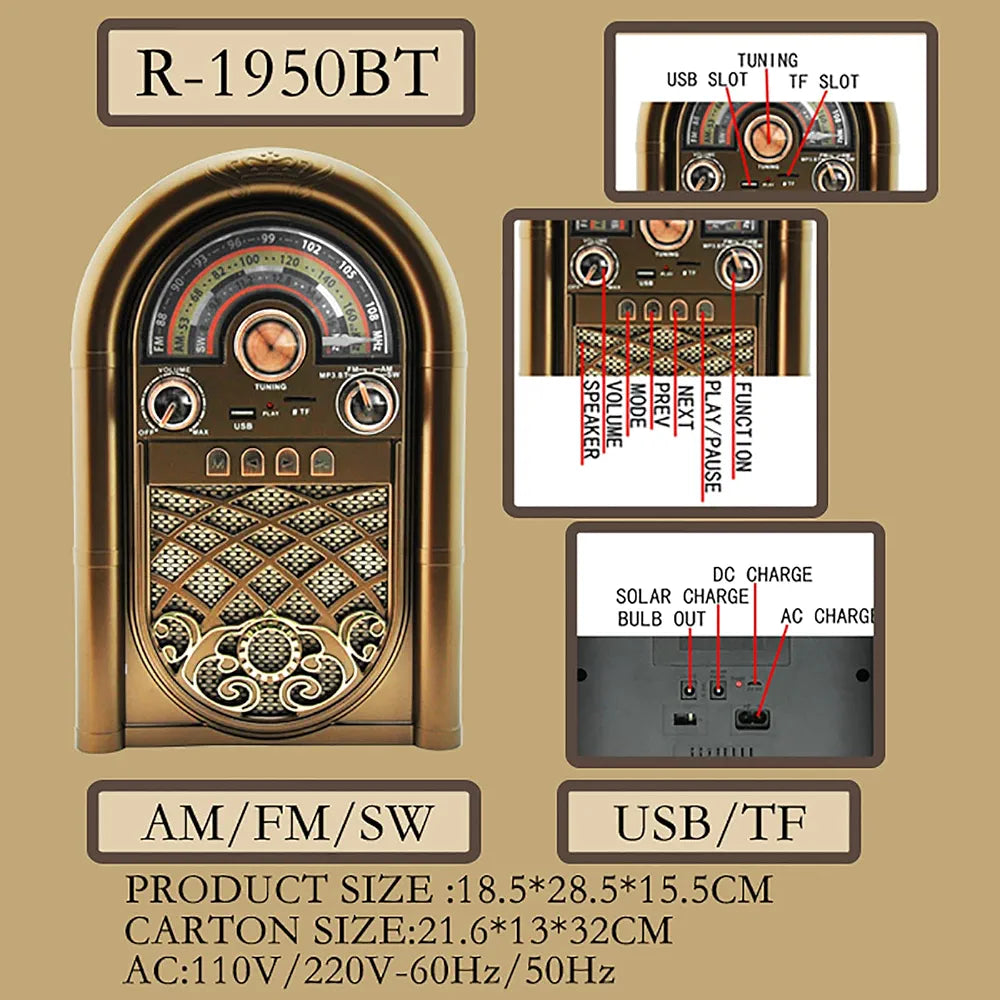 R-1950BT Retro Vintage Radio – AM/FM/SW, Bluetooth, USB/TF, Solar & AC Charge
