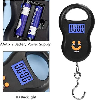 Close-up of digital hanging scale handle and hook