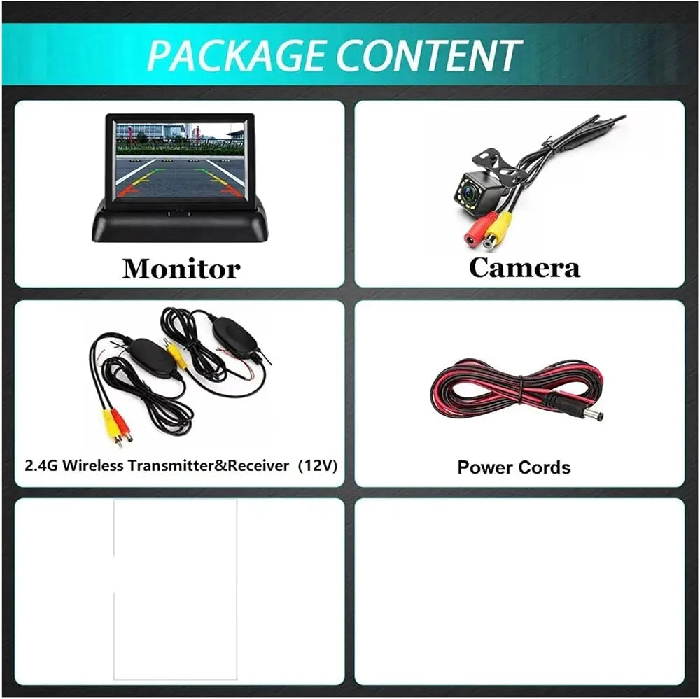 4.3" Foldable Car Backup Camera Kit – Wireless with 12 LED Night Vision & LCD Moni