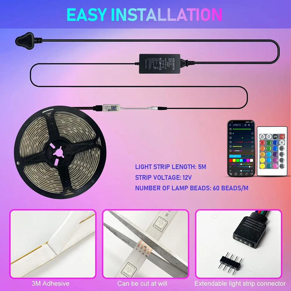 RGB LED Strip Light 5M – Bluetooth App & 24-Key Remote | Cuttable, Self-Adhesive, 60 LEDs/m