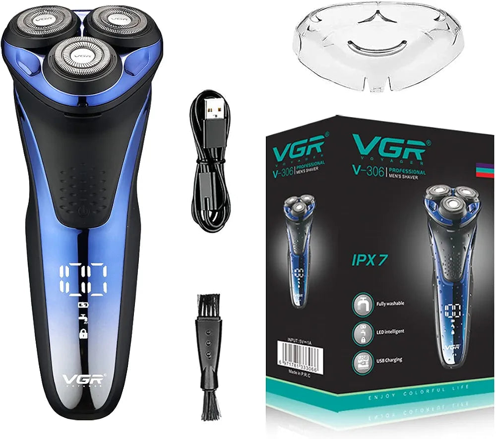 VGR V-306 Electric Rotary Shaver for Men – 3D Floating Blades, IPX7 Waterproof, LED Display