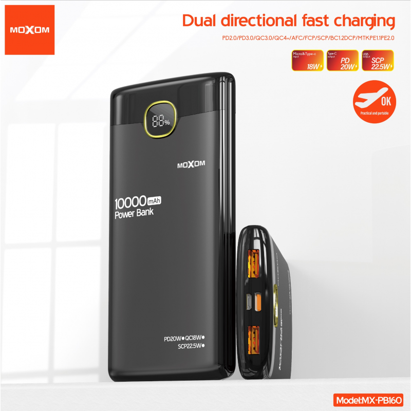 MOXOM MX-PB160 10000mAh Power Bank – 22.5W SCP, PD20W, QC18W Dual Fast Charging | Black
