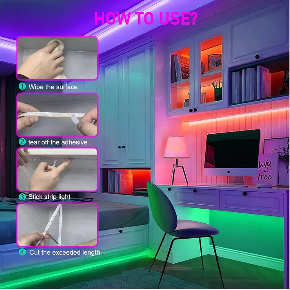 RGB LED Strip Light 5M – Bluetooth App & 24-Key Remote | Cuttable, Self-Adhesive, 60 LEDs/m