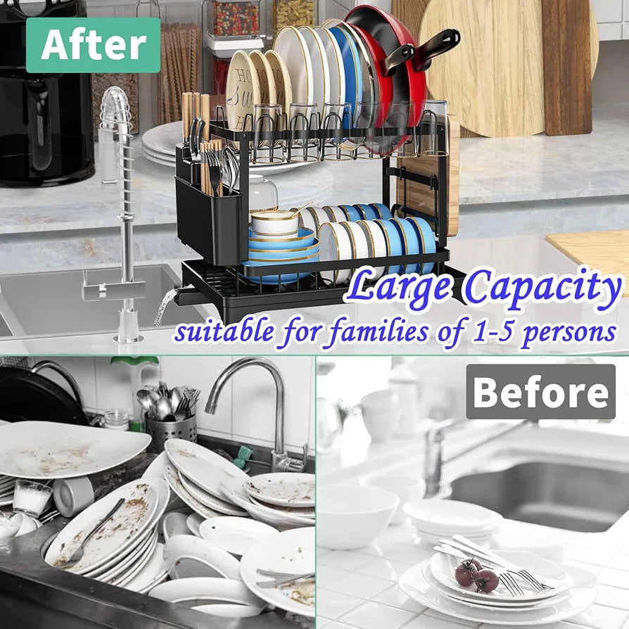 5-in-1 Two-Tier Dish Drying Rack with Drainage Tray | Large Capacity