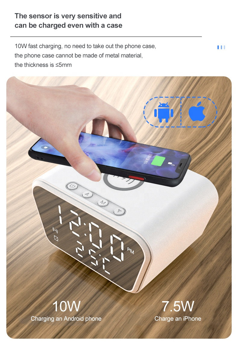 AY-21 2-in-1 alarm clock and wireless charger features