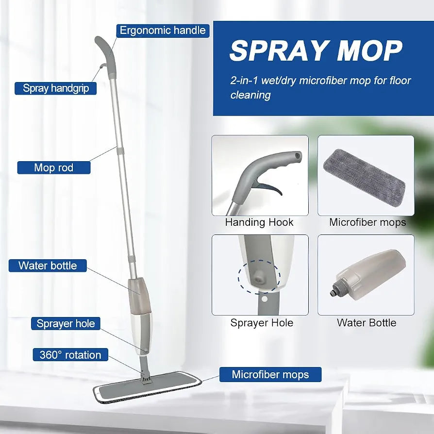 2-in-1 Spray Mop with 360° Flexible Head & Reusable Microfiber Cloth