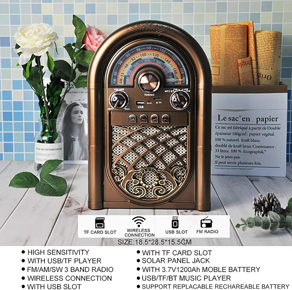R-1950BT Retro Vintage Radio – AM/FM/SW, Bluetooth, USB/TF, Solar & AC Charge