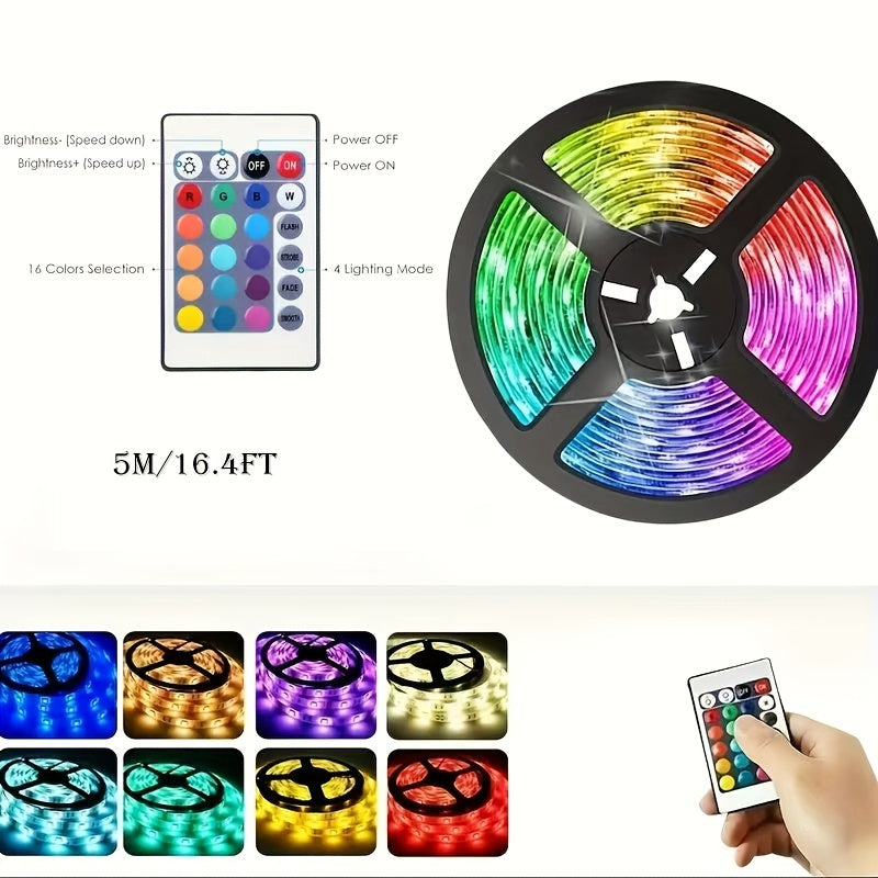 RGB LED Strip Light 5M – 16 Colors, 4 Modes | 24-Key IR Remote & Power Adapter Included