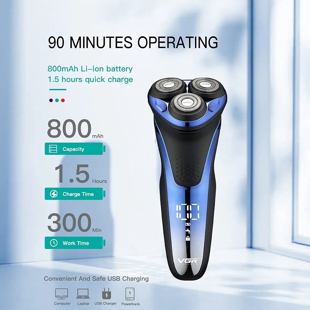VGR V-306 Electric Rotary Shaver for Men – 3D Floating Blades, IPX7 Waterproof, LED Display