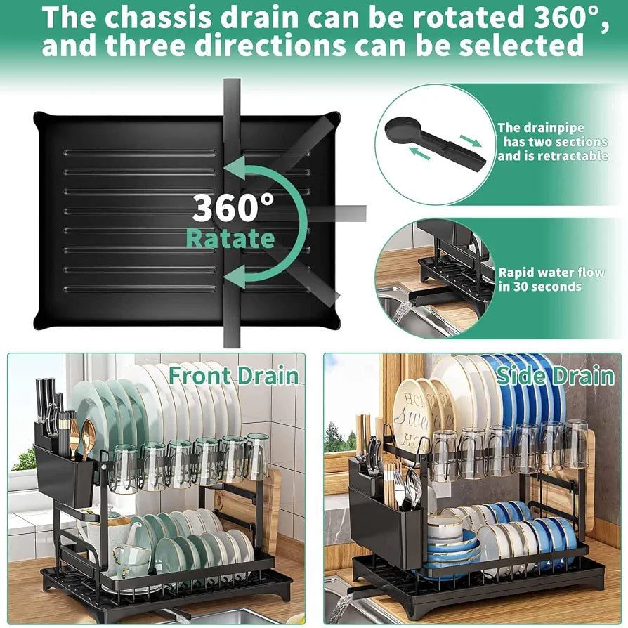5-in-1 Two-Tier Dish Drying Rack with Drainage Tray | Large Capacity