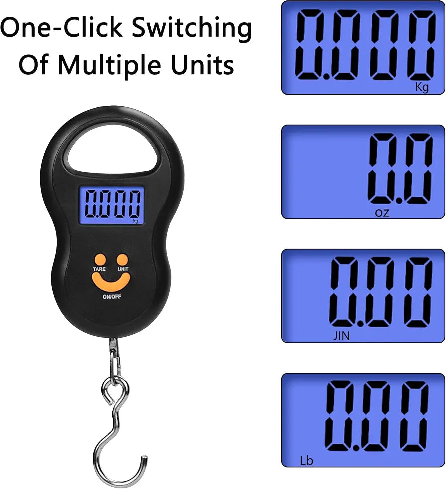 Digital hanging scale pictured with luggage and 50 kg maximum capacity