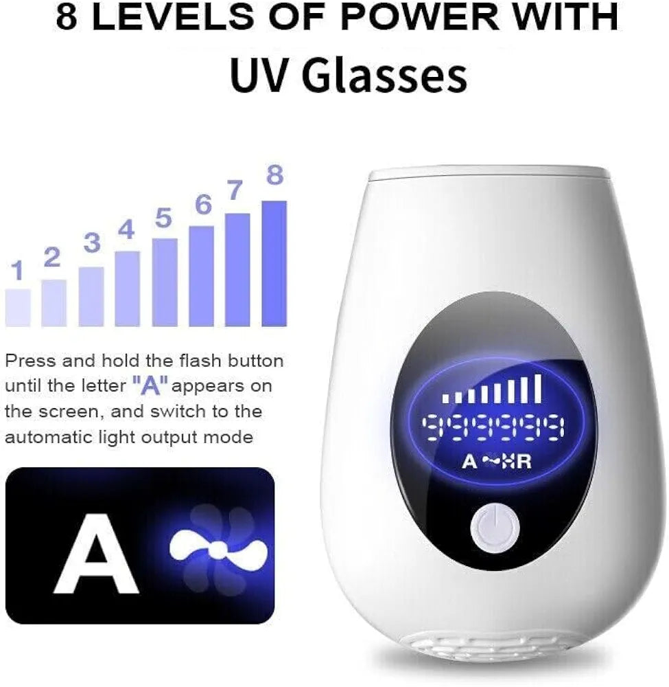 IPL Hair Removal Device – 8 Power Levels, 900,000 Flashes, Manual & Auto Modes