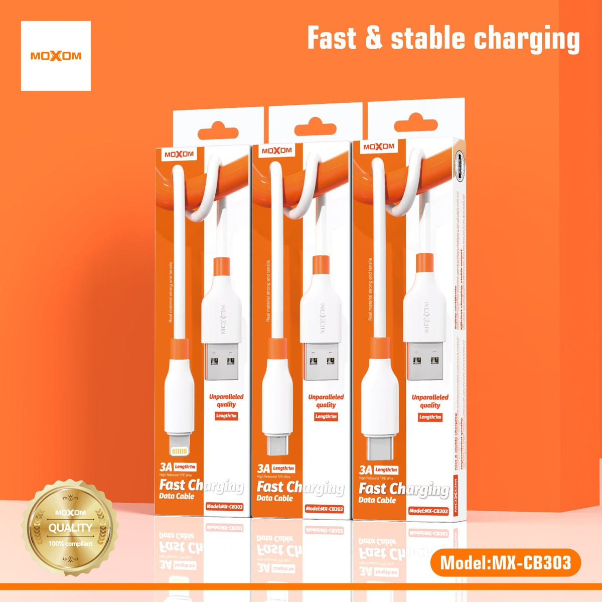 MOXOM MX-CB303 3A Fast Charging Data Cable (USB-A to Lightning / Micro / Type-C)