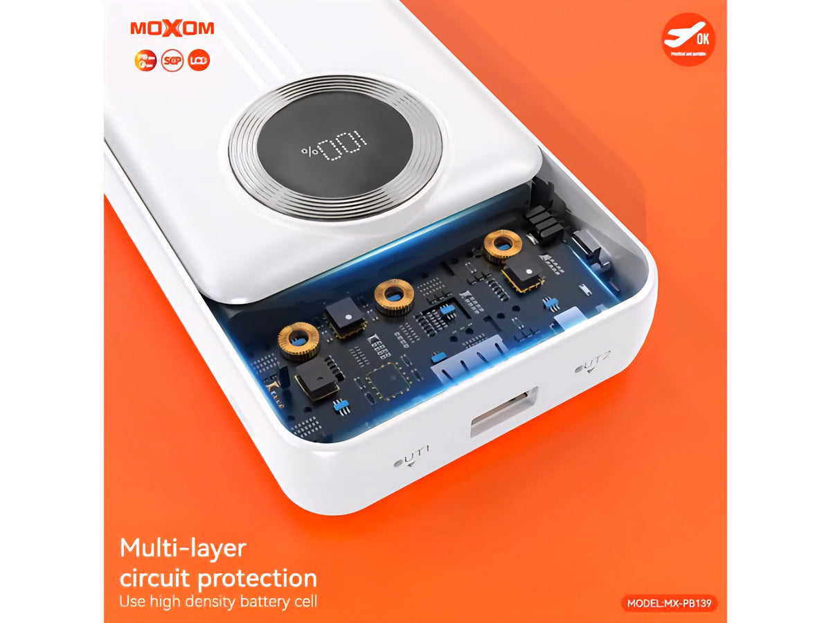 MOXOM MX-PB139 20000mAh Power Bank – 22.5W Fast Charging, PD20W, Built-in Cables | Black