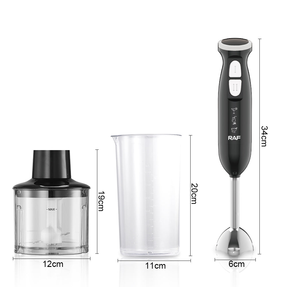 RAF 3-in-1 Hand Blender 340W – 2 Speed, 4-Blade Chopper, 800ml Beaker Included